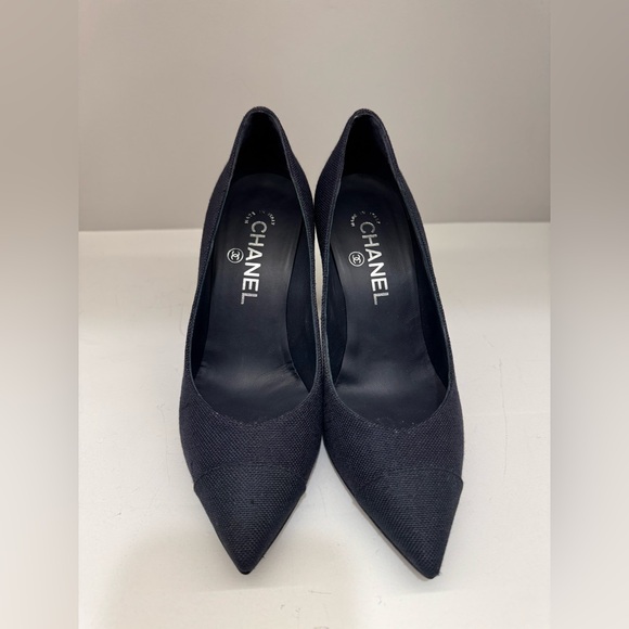 Chanel Navy Blue Canvas Embellished Pointed Toe Pumps - Picture 4 of 6